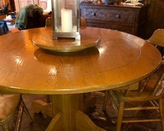 Handmade wormy chestnut table, barrel back chairs and lazy susan 