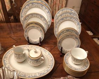 Noritake China in a sky blue and gold palette.  2045 Polonaise marked. 