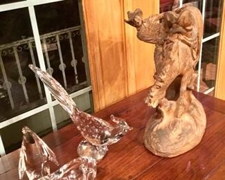 High chaparral cowboy on bucking bronco sculpture, crystal figures