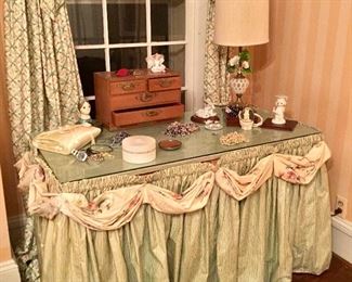 Dressing table, fabric matches drapes, bed ensemble and area rug