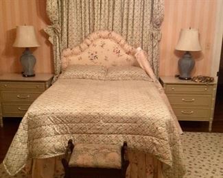 Dressing table, fabric matches drapes, bed ensemble, area rug, matching lamps and a pair of matching night stands