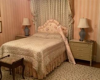 Dressing table, fabric matches drapes, bed ensemble and area rug