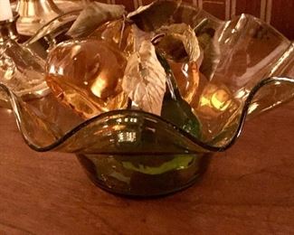 Hand blown glass bowl with acrylic fruit. 