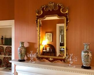 Chippendale mahogany mirror, Imari vases, Steuben signed candlesticks