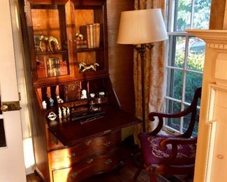 Circa 1900 English Mahogany secretary, mahogany chair with needlepoint seat, various small collectibles