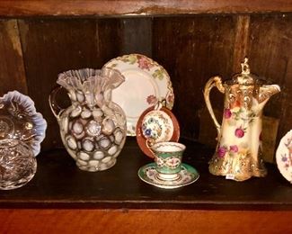Various items by Fenton, Jefferson glass, Nippon, Shannon Crystal, Haviland and English bone china. 