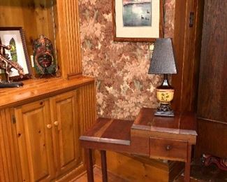 19 c. KY LBL rustic cherry work table, has a bind hinged cubby, pull out drawer and is a federal style with tapered legs.   