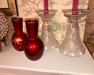 Red Japanese fish painted on red vases, flour-de-lis  frosted lead crystal candle holders
