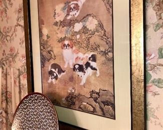 Pug dogs painted on silk