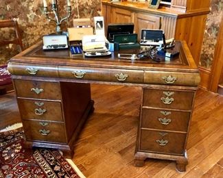 circa 1880 leather embossed mahogany desk made in Englamd