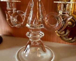 Steuben three candle candelabra.  Signed Steuben and perfect the second one has some repair.    Has the signature teardrop in the center stem signed signature in the glass. 