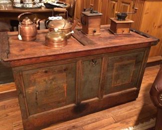 circa 1795 painted German trunk with antique copper pieces and coffee grinders