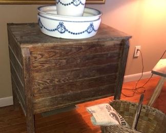 Early North Carolina sugar chest, German wash basin set, wonderful hand made basket