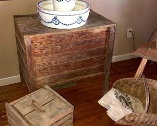 Early North Carolina rustic sugar chest, old egg crate, German wash basin and pitcher