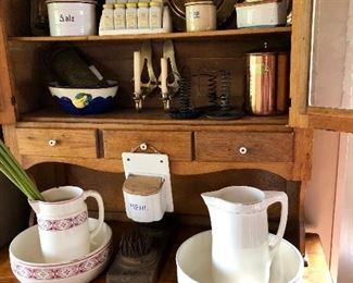 Antique European kitchen items, water pitcher and wash basins, soap dish