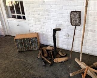 Antique European cobblers items, wood vise screw, wooden tools