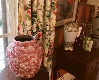 unusual antique vase, in the back ground there is an  Asian inspired tea canister and an unmarked Nippon Vase.