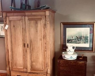 photo of German Wardrobe with shelving and drawers, antique rocking horse, NC Sugar Chest, German wash basin and Pitcher,