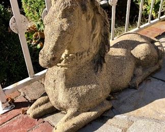 Vintage Chinese reclining guard horse concrete statues. 