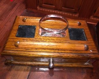 English oak man’s dresser box with English sterling silver marks.  