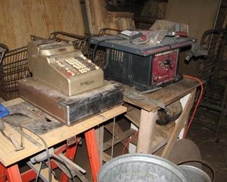 table saw and old cash register