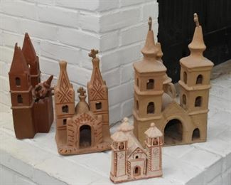 Mexican Folk Art Clay Pottery Churches