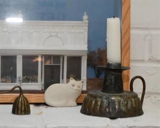 White Cat Figurine, Copper / Tin Candle Holder