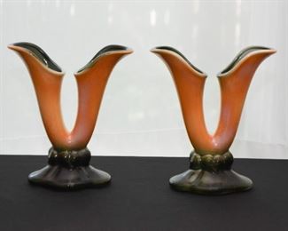 Vintage Double Fluted Pottery Vases (Hull)