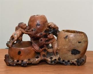 Chinese Carved Soapstone Triple Brush Pot - Monkeys