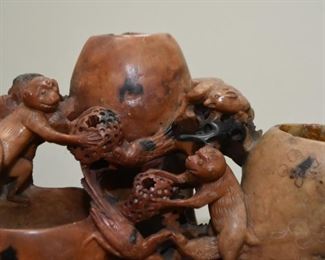Chinese Carved Soapstone Triple Brush Pot - Monkeys