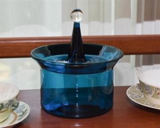 Vintage Blue Glass Covered Jar