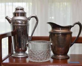 Silver Plate Pitchers, Glass Ice Bucket