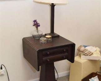 Antique Drop Leaf Side Table with Drawers, Table Lamp