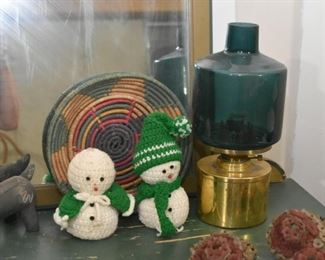 Brass Oil Lamp with Green Glass Shade