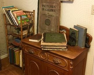 Antique chest w/ acorn drawer pulls, Vintage book shelf, antique & vintage books