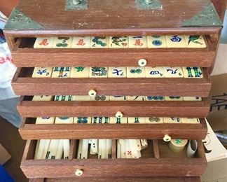 Antique/vintage Oriental Mahjong game in wooden chest