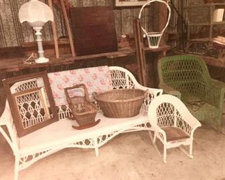 Wicker sofa, chairs, child's rocking chair