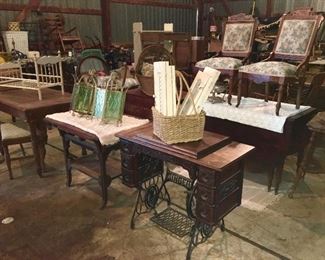 Fresh barn finds, many drop leaf and other tables, antique treadle sewing machine cabinet (no machine), antique chairs
