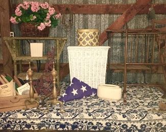 Wicker table w/ side magazine holders, wicker hamper, wooden table & stand, loom parts, Flag, misc. pottery