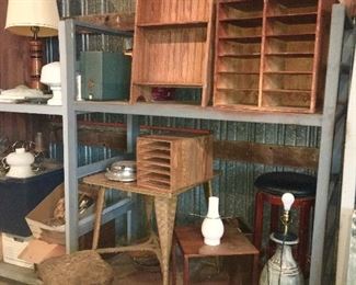 Fresh barn finds, shelves, lamps & lamp parts, tables, cast iron stool (needs to be upholstered)