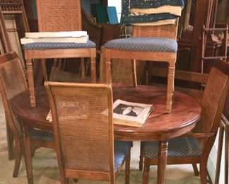 Modern dining table & 6 chairs, vintage quilts