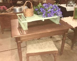 Antique table, stool, vintage wooden bed tray, silk flowers, baskets