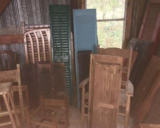 Many wooden shutters, antique wooden chairs, wooden crib (fresh barn finds)