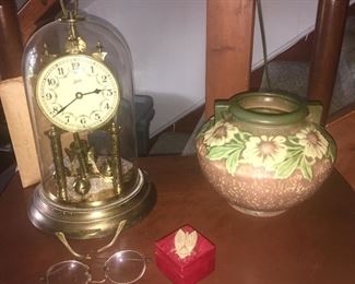 Anniversary clock w/ paperwork & key, Art Potery squat vase, antique wire rim glasses