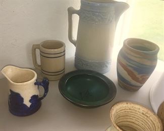 Sleepy Eye creamer, stoneware mug, antique cherry blossom stoneware pitcher, Native American vase