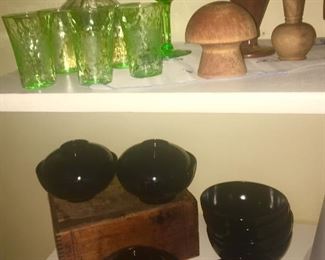 Depression glass, wooden and vintage plastic collectibles