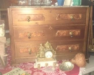 Antique 3 drawer chest, glass liquor bottles, Misc. art pottery vases