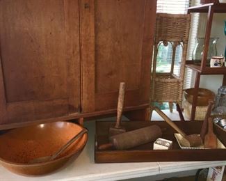 large wooden bowl, antique wooden kitchen collectibles