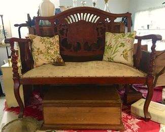 Vintage wooden bench, antique wooden box, vintage pillows