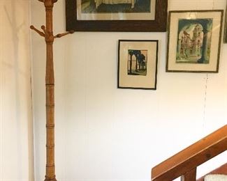 Antique hall tree, woven basket, vintage prints